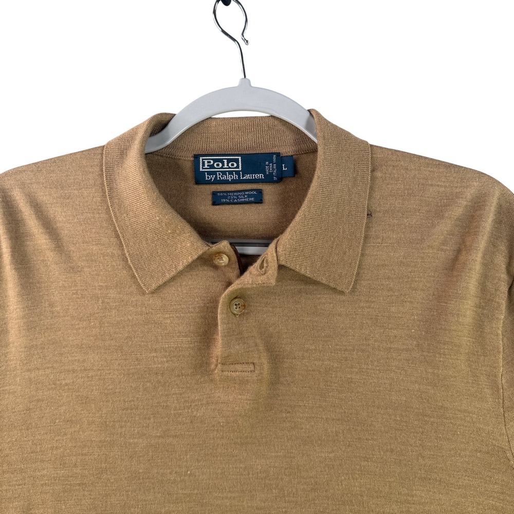 Polo Ralph Lauren Sweater Large Mens Tan Merino Wool Silk Cashmere Knit Polo